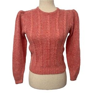 Vtg Angora Silk Cable Knit Sweater Women's M Pink Fuzzy Pearl Button Crop Crew